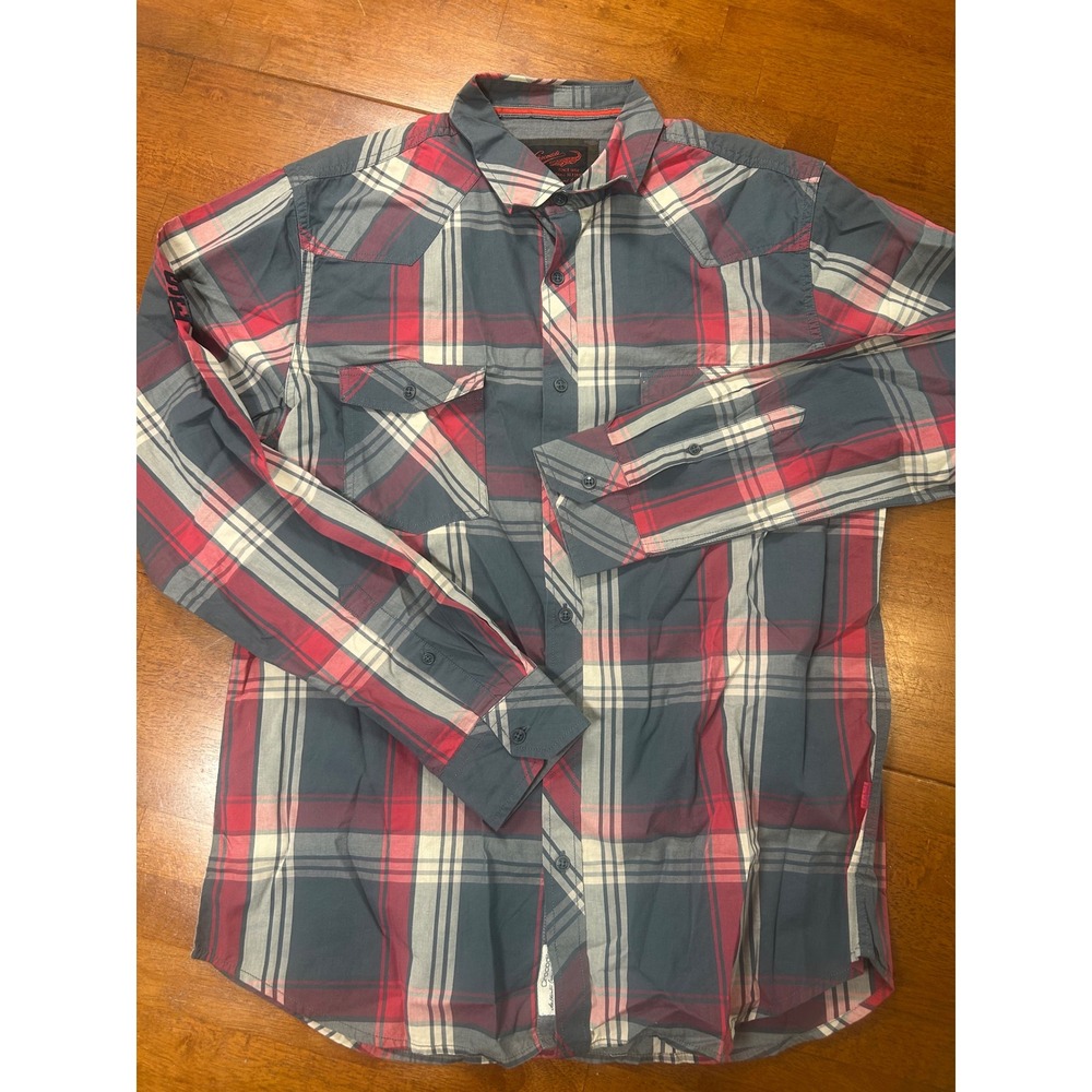 Crocodile Button Up Shirt Mens XXL Gray Red Plaid Western Yoke Long Sleeve